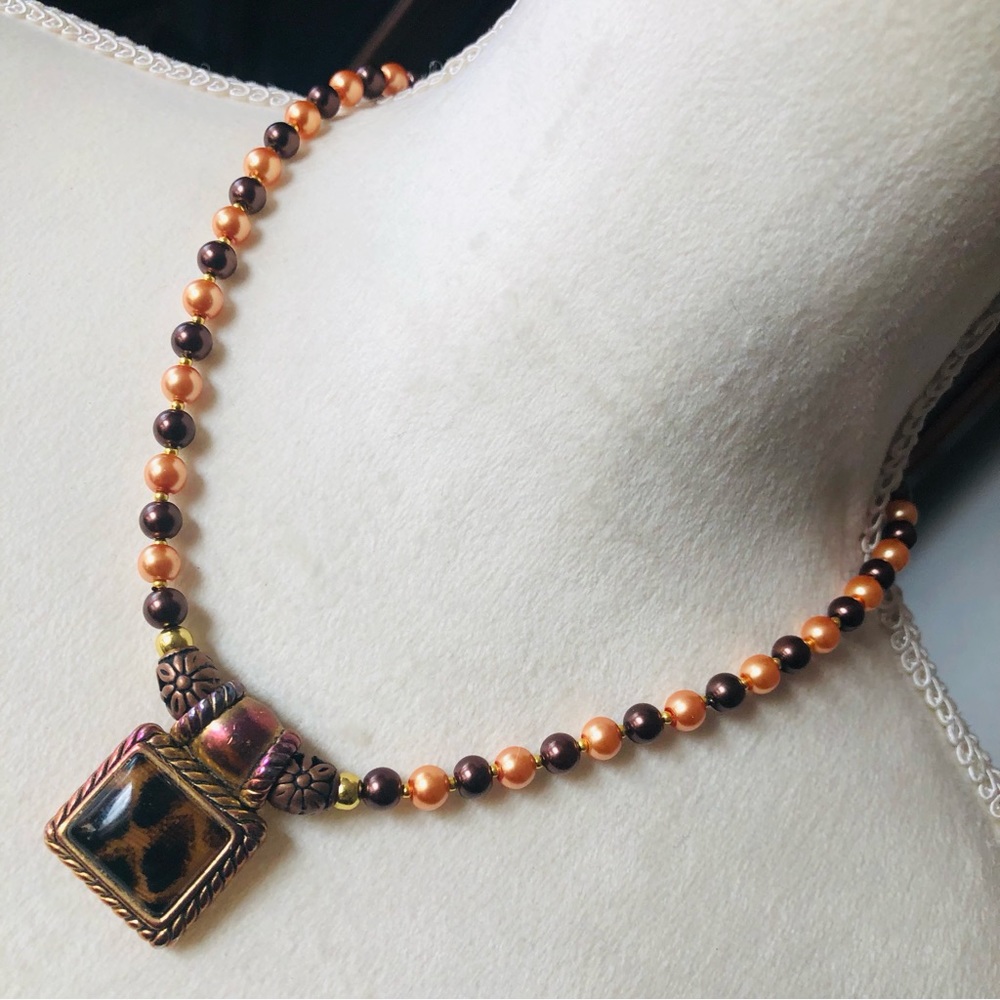 Handcrafted repurpose dome animal print glass pendant Czech glass Pearl necklace